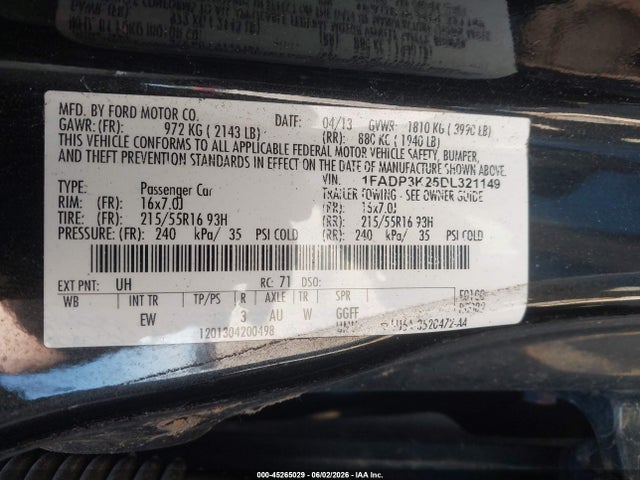 45265029 :رقم المزاد ، 1FADP3K25DL321149 vin ، 2013 Ford Focus Se مزاد بيع