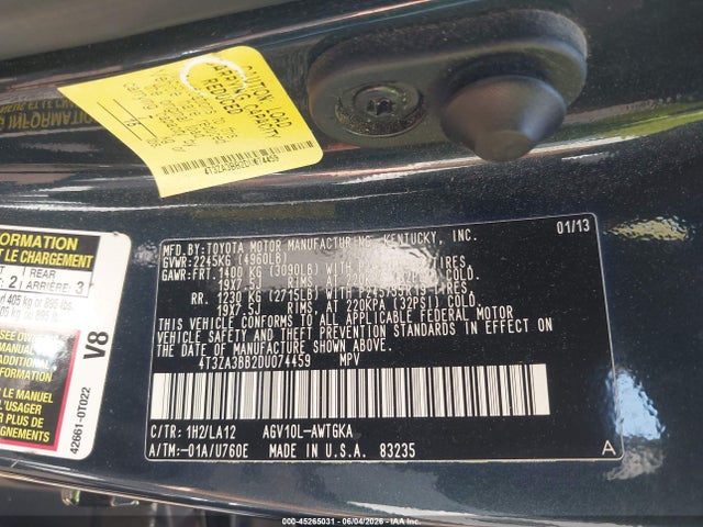 2013 Toyota Venza Xle მანქანა იყიდება აუქციონზე, vin: 4T3ZA3BB2DU074459, აუქციონის ნომერი: 45265031