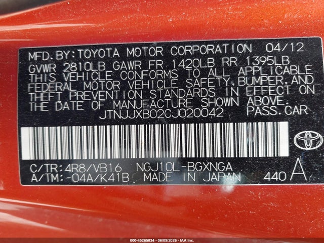 Aukcja sprzedaży 2012 Scion Iq, vin: JTNJJXB02CJ020042, numer aukcji: 45265034