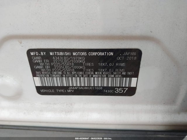 Продажа на аукционе авто 2019 Mitsubishi Outlander Sport 2.0 Es, vin: JA4AP3AU4KU011608, номер лота: 45265047