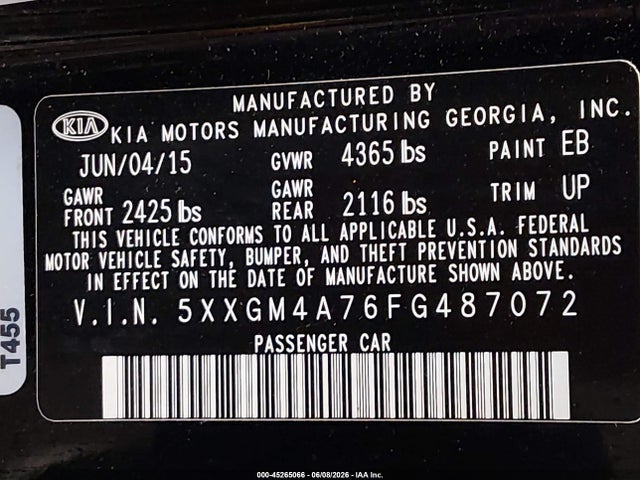 Auction sale of the 2015 Kia Optima Lx, vin: 5XXGM4A76FG487072, lot number: 45265066