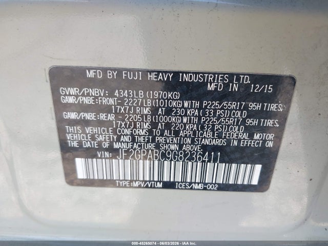 JF2GPABC9G8236411 Subaru Crosstrek 2.0i Premium