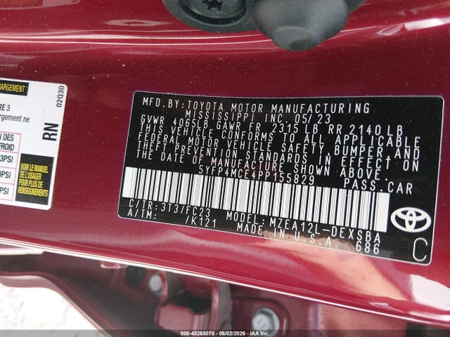 Aukcja sprzedaży 2023 Toyota Corolla Se, vin: 5YFP4MCE4PP155829, numer aukcji: 45265078
