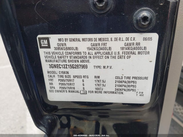 Продаж на аукціоні авто 2005 Chevrolet Avalanche 1500 Z66, vin: 3GNEC12Z15G287969, номер лоту: 45265080