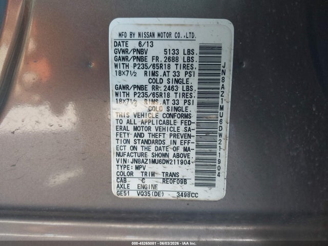 Продаж на аукціоні авто 2013 Nissan Murano S, vin: JN8AZ1MU6DW211904, номер лоту: 45265081