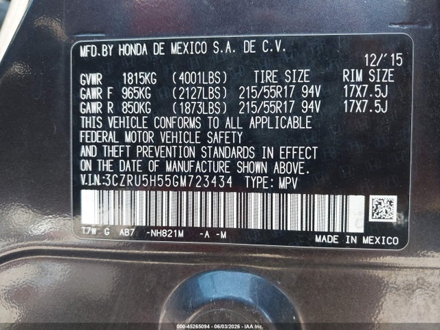 3CZRU5H55GM723434 Honda HR-V EX