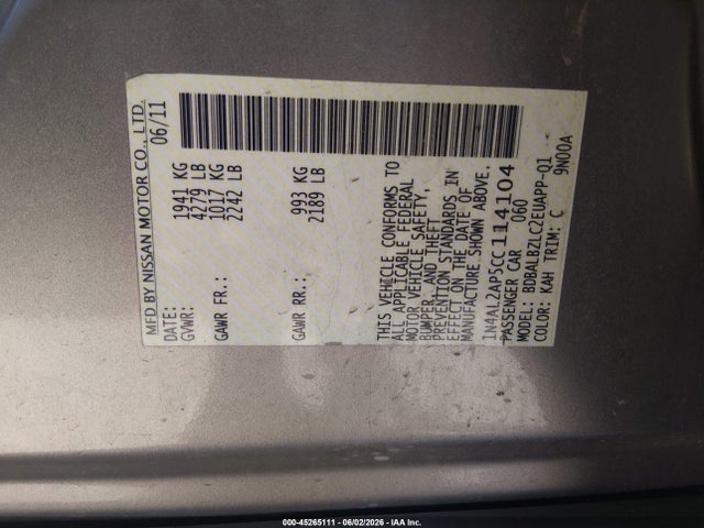 Продаж на аукціоні авто 2012 Nissan Altima 2.5 S, vin: 1N4AL2AP5CC114104, номер лоту: 45265111