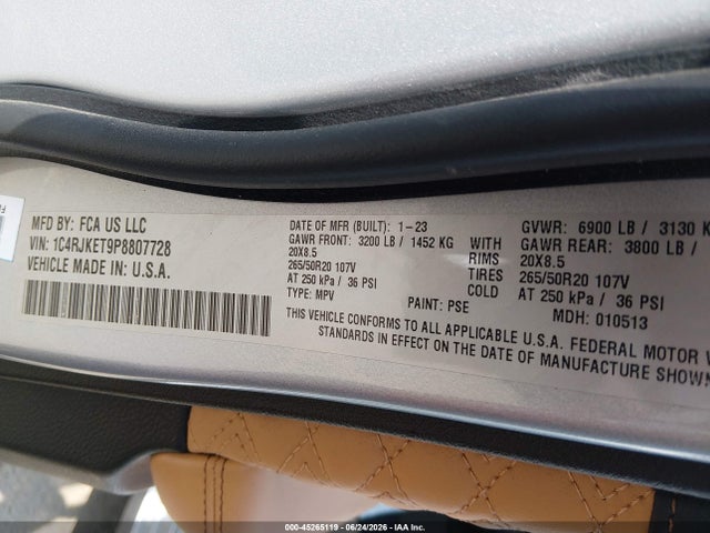 Продажа на аукционе авто 2023 Jeep Grand Cherokee L Summit 4x4, vin: 1C4RJKET9P8807728, номер лота: 45265119