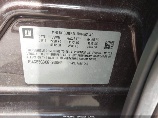 45265127 :رقم المزاد ، 1G4GB5G3XGF209545 vin ، 2016 Buick Lacrosse Leather مزاد بيع