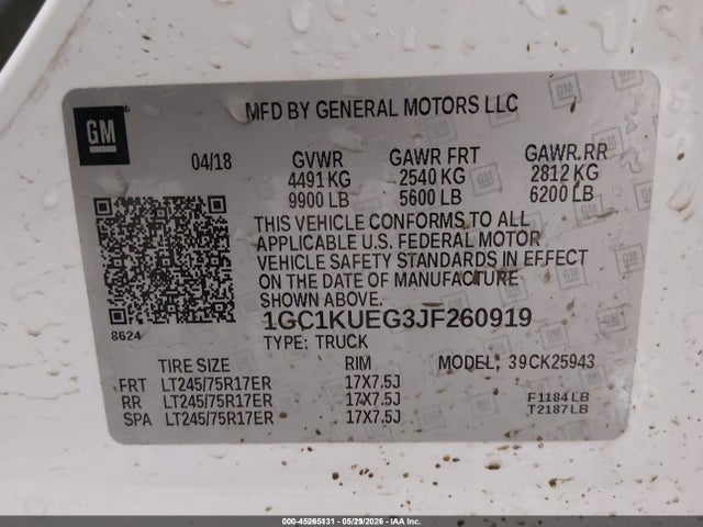 2018 Chevrolet Silverado 2500hd Wt მანქანა იყიდება აუქციონზე, vin: 1GC1KUEG3JF260919, აუქციონის ნომერი: 45265131