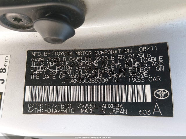 45265145 :رقم المزاد ، JTDKN3DU3B5308116 vin ، 2011 Toyota Prius Three مزاد بيع