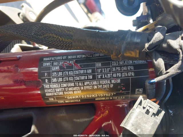 45265174 :رقم المزاد ، 56KRTS252K3157527 vin ، 2019 Indian Motorcycle Co. Ftr 1200 S Race Replica مزاد بيع