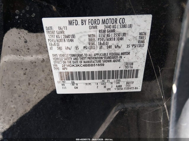 2011 Ford Edge Limited მანქანა იყიდება აუქციონზე, vin: 2FMDK3KC4BBB51859, აუქციონის ნომერი: 45265175