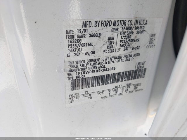Aukcja sprzedaży 2002 Ford F-150 Lariat/xlt, vin: 1FTRW08LX2KB63086, numer aukcji: 45265182