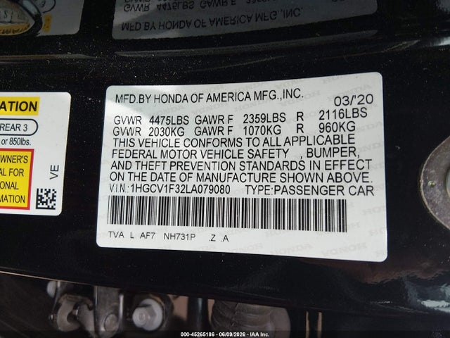 Продажа на аукционе авто 2020 Honda Accord Sport, vin: 1HGCV1F32LA079080, номер лота: 45265186