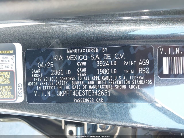 Aukcja sprzedaży 2026 Kia K4 Lx, vin: 3KPFT4DE3TE342651, numer aukcji: 45265188