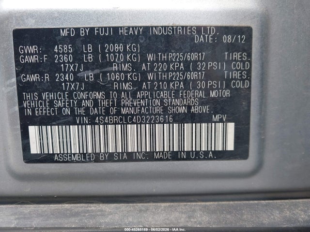 45265189 :رقم المزاد ، 4S4BRCLC4D3223616 vin ، 2013 Subaru Outback 2.5i Limited مزاد بيع