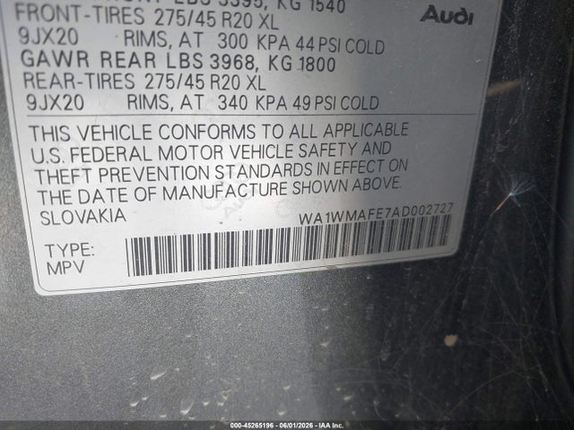 45265196 :رقم المزاد ، WA1WMAFE7AD002727 vin ، 2010 Audi Q7 3.0 Tdi Premium مزاد بيع