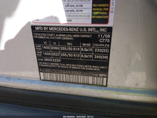 2009 Mercedes-benz Ml 320 Bluetec 4matic მანქანა იყიდება აუქციონზე, vin: 4JGBB25E59A493082, აუქციონის ნომერი: 45265204