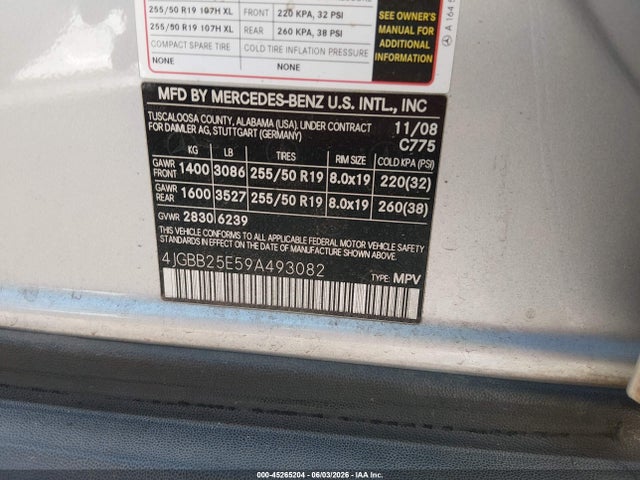 2009 Mercedes-benz Ml 320 Bluetec 4matic მანქანა იყიდება აუქციონზე, vin: 4JGBB25E59A493082, აუქციონის ნომერი: 45265204