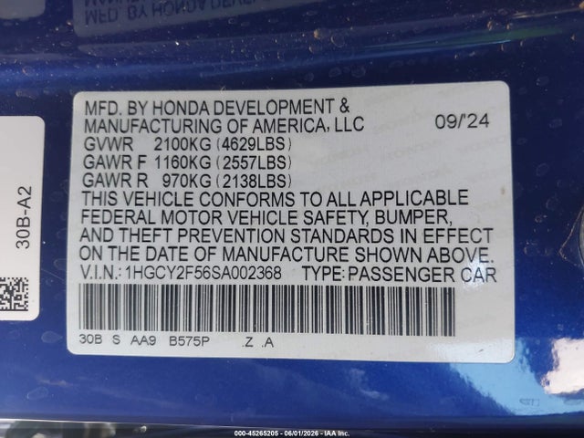 1HGCY2F56SA002368 Honda Accord Hybrid Sport
