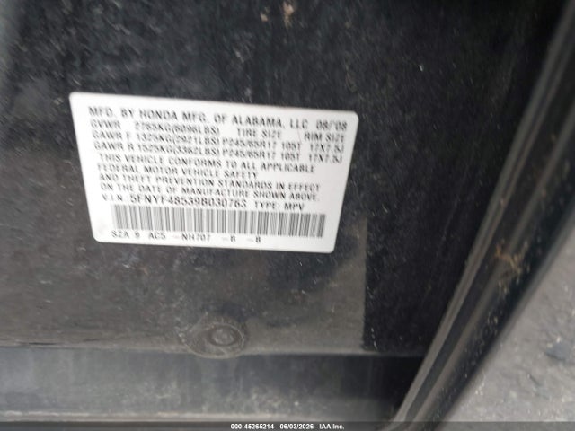 2009 Honda Pilot Ex-l მანქანა იყიდება აუქციონზე, vin: 5FNYF48539B030763, აუქციონის ნომერი: 45265214