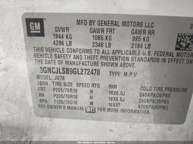 3GNCJLSB9GL272478 Chevrolet Trax Lt