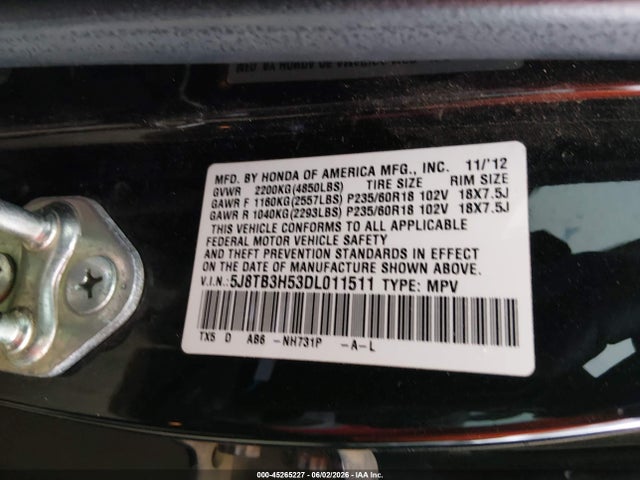 2013 Acura Rdx მანქანა იყიდება აუქციონზე, vin: 5J8TB3H53DL011511, აუქციონის ნომერი: 45265227