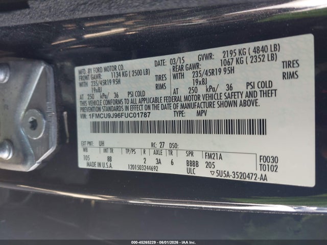 2015 Ford Escape Titanium მანქანა იყიდება აუქციონზე, vin: 1FMCU9J96FUC01787, აუქციონის ნომერი: 45265229