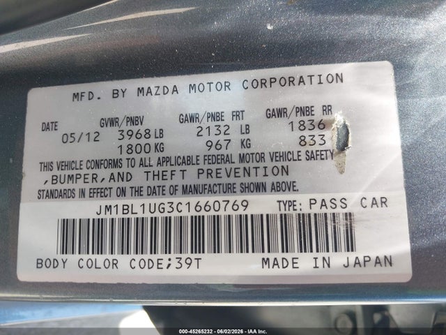 Aukcja sprzedaży 2012 Mazda Mazda3 I Sport, vin: JM1BL1UG3C1660769, numer aukcji: 45265232