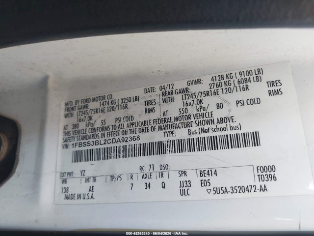 Aukcja sprzedaży 2012 Ford E-350 Super Duty Xl, vin: 1FBSS3BL2CDA92368, numer aukcji: 45265240