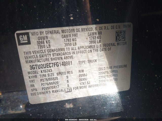 2015 Gmc Sierra 1500 Sle მანქანა იყიდება აუქციონზე, vin: 3GTU2UEC7FG140881, აუქციონის ნომერი: 45265243