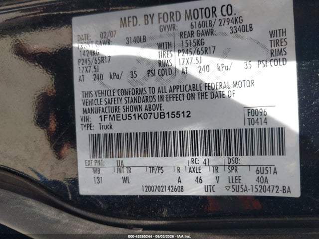 Продажа на аукционе авто 2007 Ford Explorer Sport Trac Xlt, vin: 1FMEU51K07UB15512, номер лота: 45265244