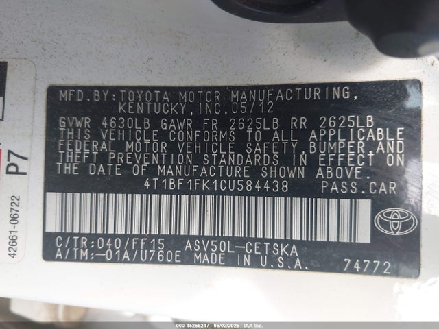 Продаж на аукціоні авто 2012 Toyota Camry Se, vin: 4T1BF1FK1CU584438, номер лоту: 45265247
