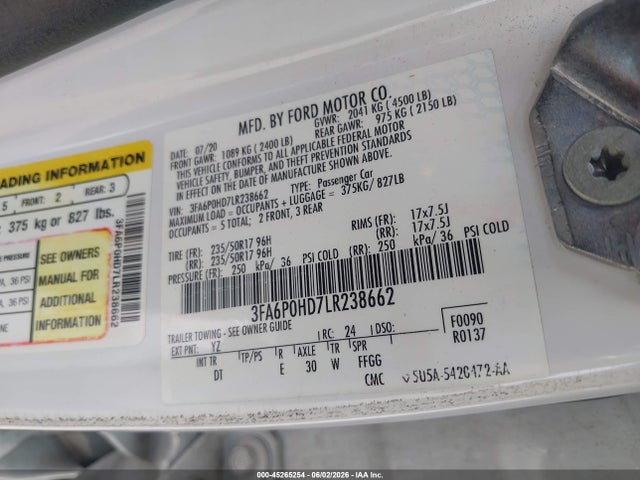 Auction sale of the 2020 Ford Fusion Se, vin: 3FA6P0HD7LR238662, lot number: 45265254