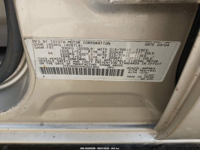 Aukcja sprzedaży 2004 Toyota Rav4, vin: JTEHD20VX40021860, numer aukcji: 45265259