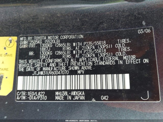 45265270 :رقم المزاد ، JTJHW31U960047070 vin ، 2006 Lexus Rx 400h مزاد بيع