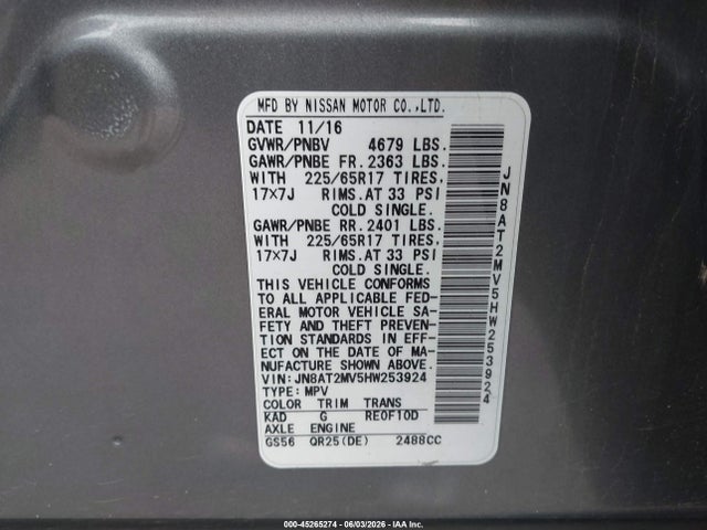 JN8AT2MV5HW253924 Nissan ROGUE SV