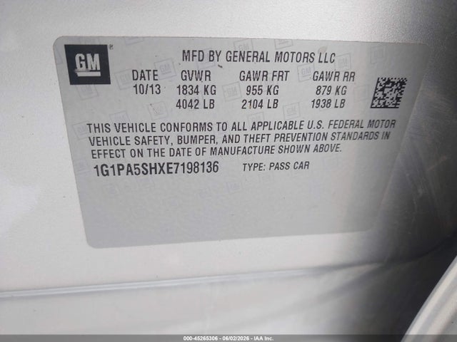Продажа на аукционе авто 2014 Chevrolet Cruze Ls Auto, vin: 1G1PA5SHXE7198136, номер лота: 45265306