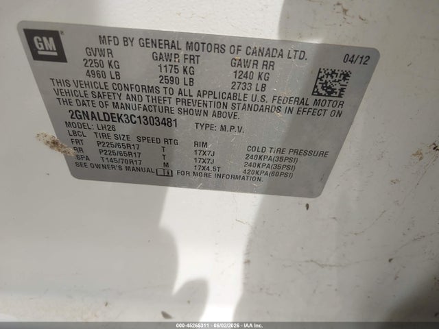 Aukcja sprzedaży 2012 Chevrolet Equinox 1lt, vin: 2GNALDEK3C1303481, numer aukcji: 45265311
