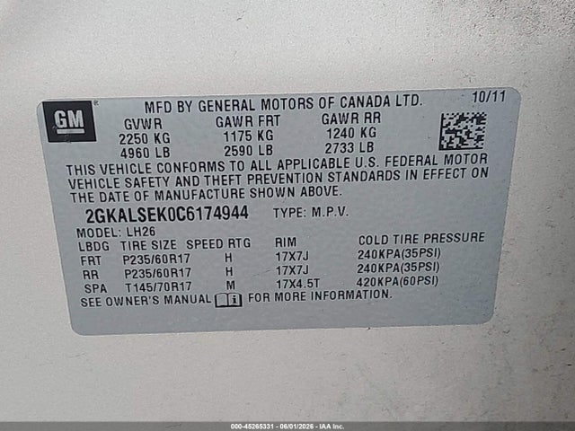 Aukcja sprzedaży 2012 Gmc Terrain Sle-2, vin: 2GKALSEK0C6174944, numer aukcji: 45265331