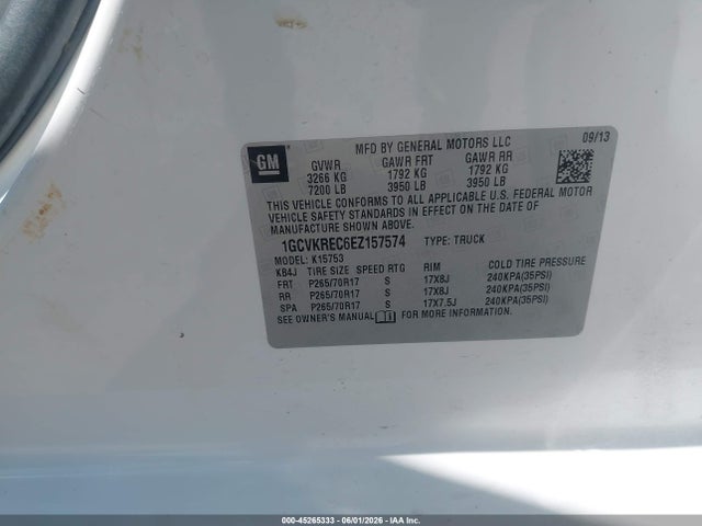 Продаж на аукціоні авто 2014 Chevrolet Silverado 1500 2lt, vin: 1GCVKREC6EZ157574, номер лоту: 45265333