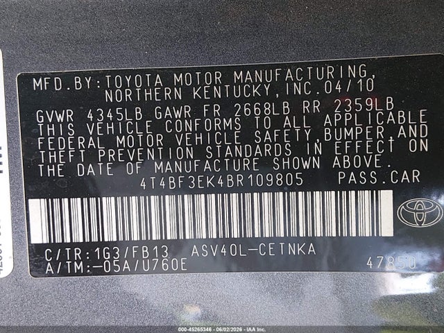45265346 :رقم المزاد ، 4T4BF3EK4BR109805 vin ، 2011 Toyota Camry Le مزاد بيع