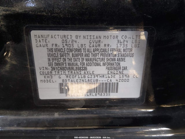 45265350 :رقم المزاد ، 3N1CN8DV6RL898335 vin ، 2024 Nissan Versa 1.6 S مزاد بيع
