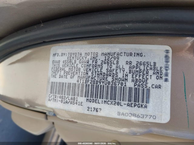 2000 Toyota Avalon Xls მანქანა იყიდება აუქციონზე, vin: 4T1BF28B9YU036701, აუქციონის ნომერი: 45265360