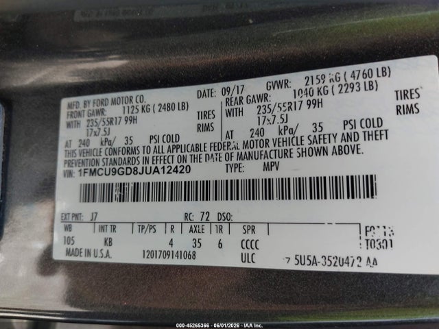 Aukcja sprzedaży 2018 Ford Escape Se, vin: 1FMCU9GD8JUA12420, numer aukcji: 45265366