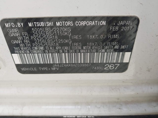 2017 Mitsubishi Outlander Gt მანქანა იყიდება აუქციონზე, vin: JA4JZ4AX6HZ039867, აუქციონის ნომერი: 45265368