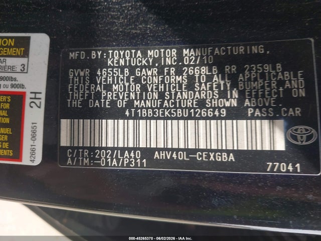 2011 Toyota Camry Hybrid მანქანა იყიდება აუქციონზე, vin: 4T1BB3EK5BU126649, აუქციონის ნომერი: 45265370
