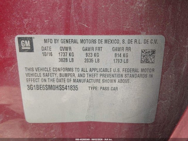 45265369 :رقم المزاد ، 3G1BE6SM0HS541835 vin ، 2017 Chevrolet Cruze Lt Auto مزاد بيع