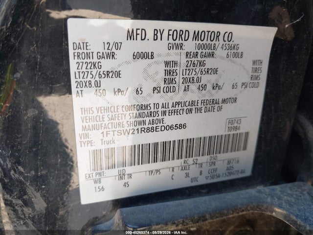 Продаж на аукціоні авто 2008 Ford F-250 Fx4/harley-davidson/king Ranch/lariat/xl/xlt, vin: 1FTSW21R88ED06586, номер лоту: 45265374